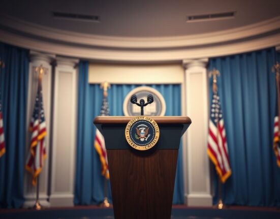 White House briefing room podium where President Trump addressed Iran nuclear weapons and US oil independence.