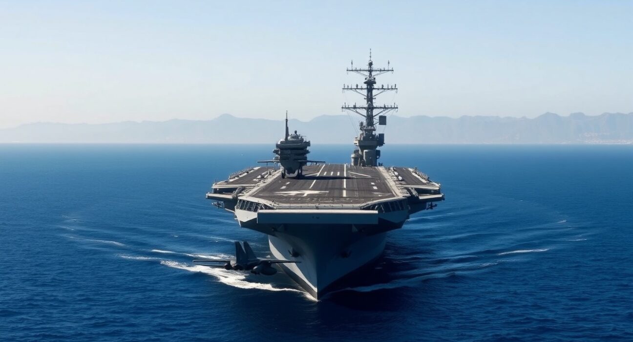 US Navy aircraft carrier stationed in Persian Gulf waters near Iran following Trump announcement.
