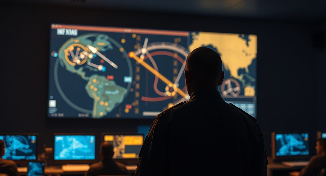 U.S. military personnel monitoring radar screens in a command center during a missile interception operation.