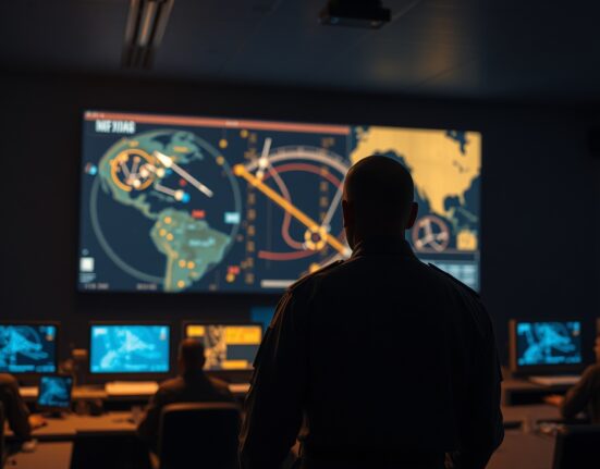 U.S. military personnel monitoring radar screens in a command center during a missile interception operation.