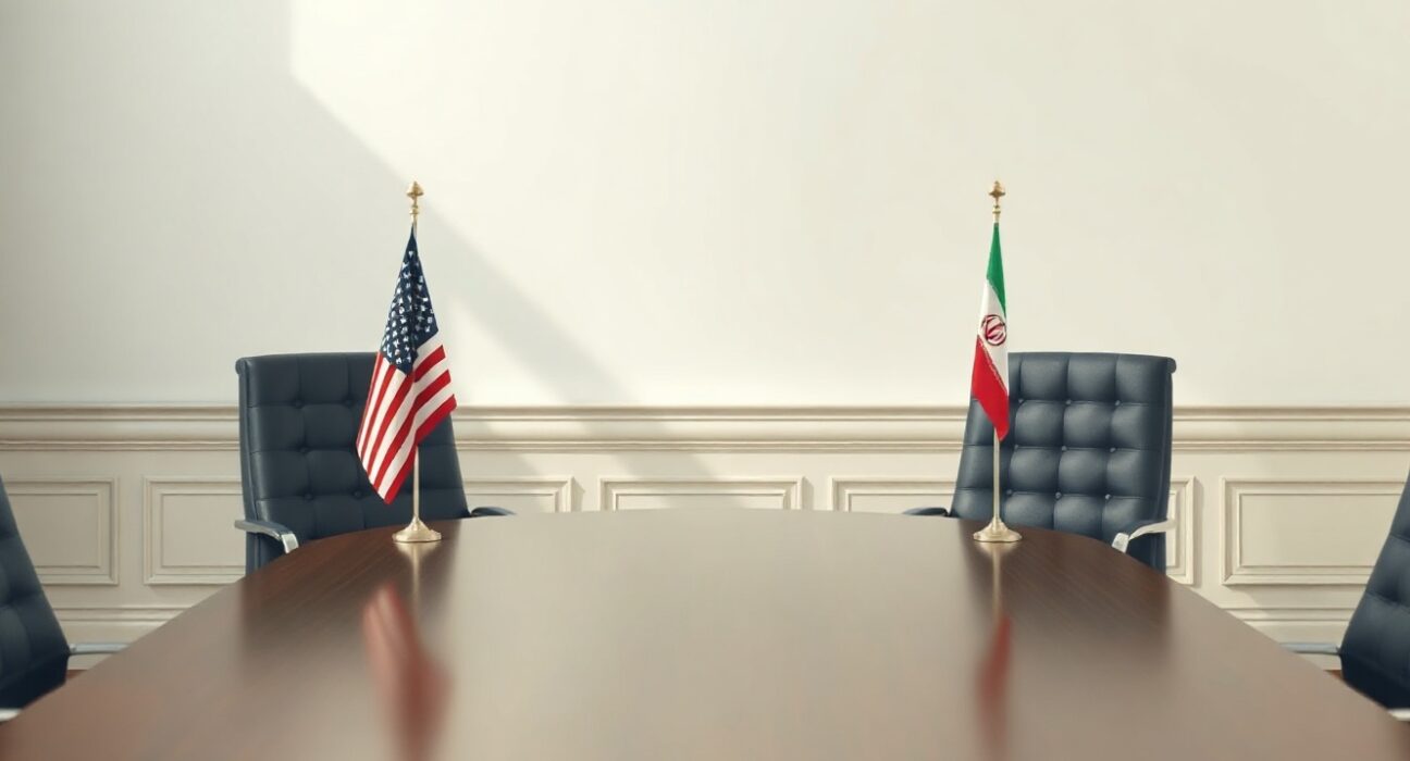 Diplomatic table with US and Iranian flags in a bright conference room