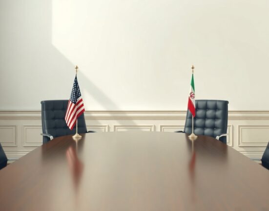 Diplomatic table with US and Iranian flags in a bright conference room