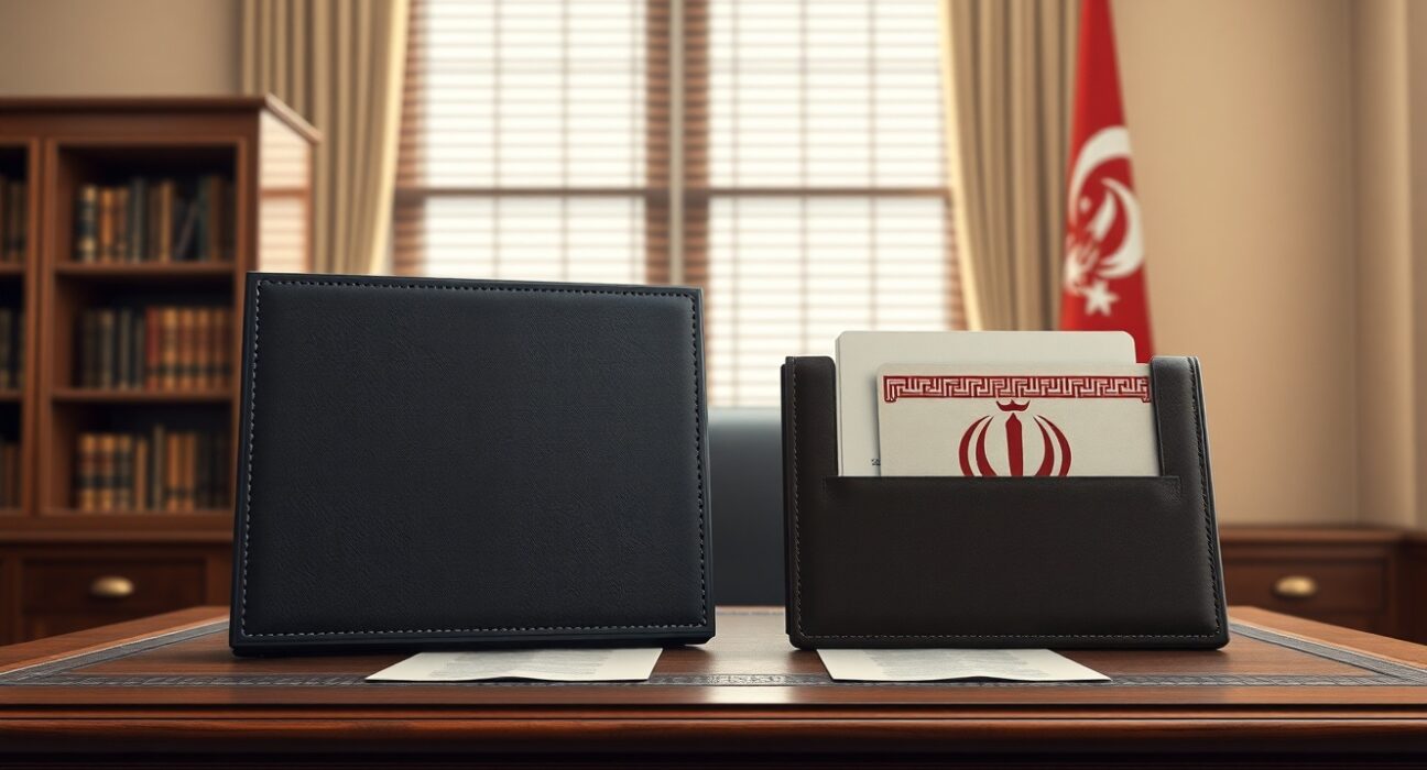 Symbolic representation of US and Iran diplomatic negotiations on a desk, signaling a potential historic agreement.