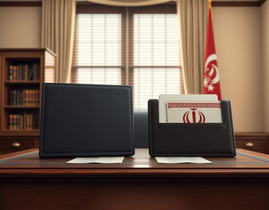 Symbolic representation of US and Iran diplomatic negotiations on a desk, signaling a potential historic agreement.