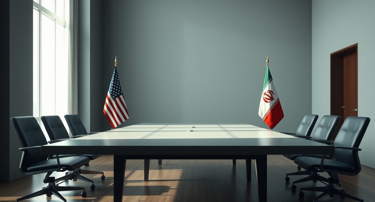 Empty diplomatic negotiation table with U.S. and Iranian flags, representing final stage talks.