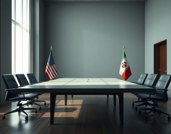 Empty diplomatic negotiation table with U.S. and Iranian flags, representing final stage talks.