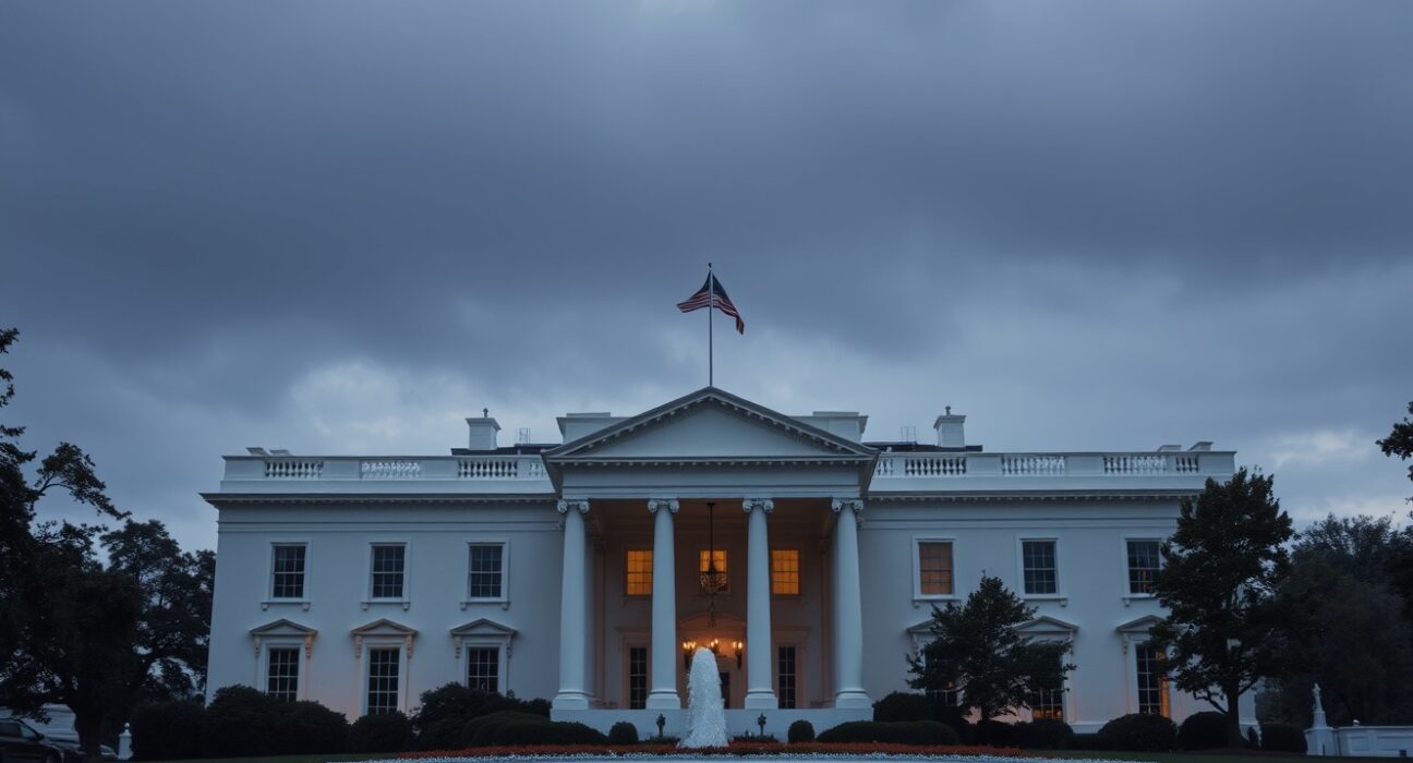 White House at dusk with overcast sky, reflecting a tense geopolitical announcement