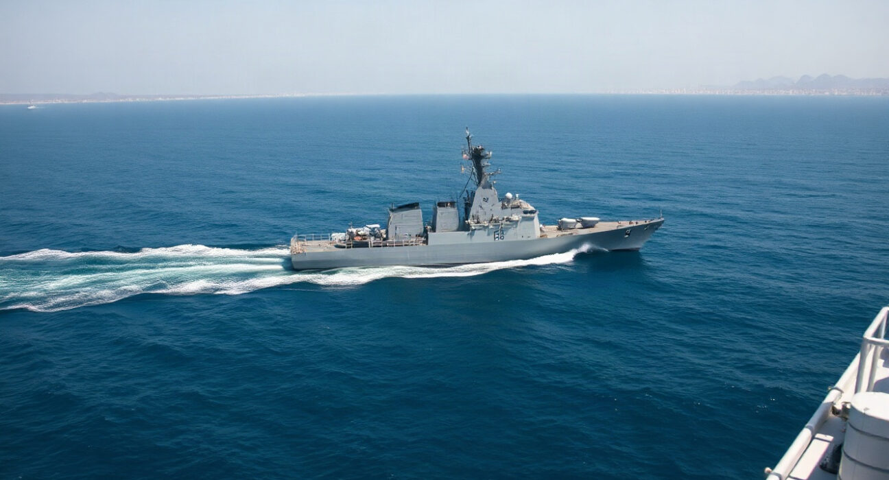 US Navy destroyer patrolling the Strait of Hormuz after mine clearance operation.