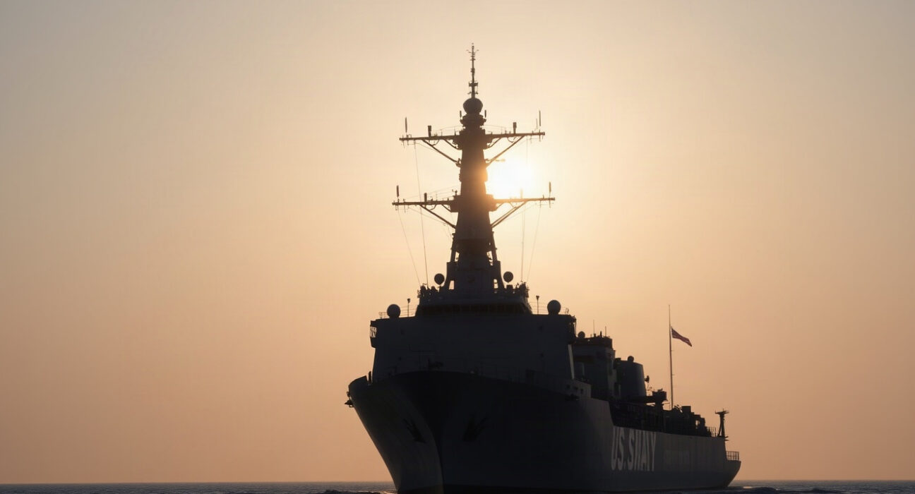 US Navy ship in the Strait of Hormuz at dawn during heightened tensions