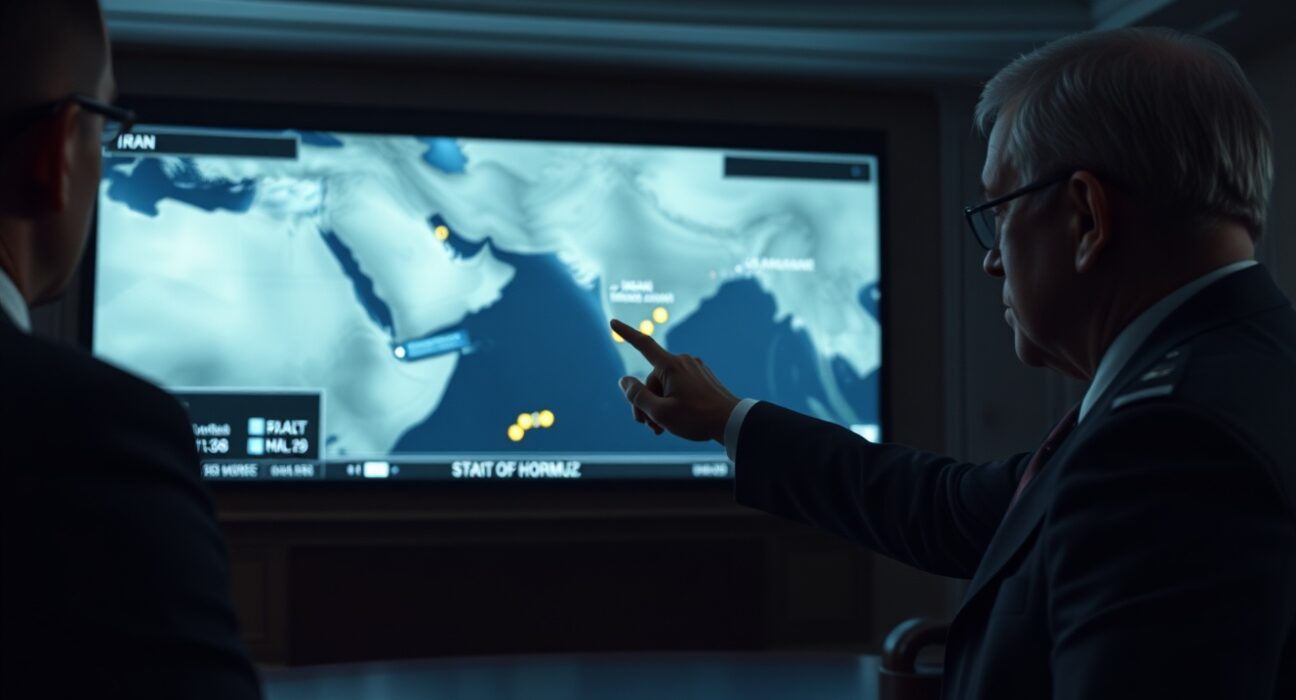 White House Situation Room briefing with military advisor pointing at map of Middle East including Iran