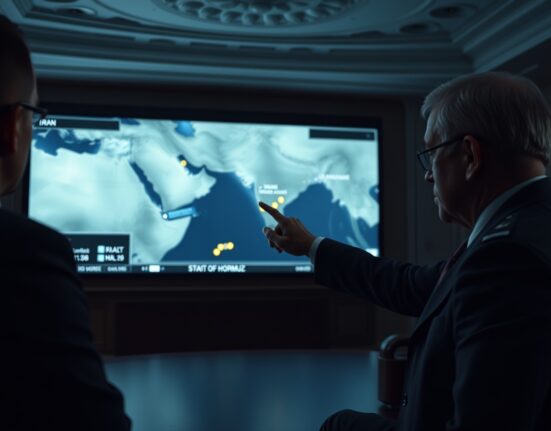 White House Situation Room briefing with military advisor pointing at map of Middle East including Iran