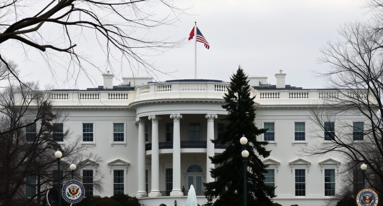 White House in Washington D.C. on a clear day, representing U.S. foreign policy on Iran's nuclear program.