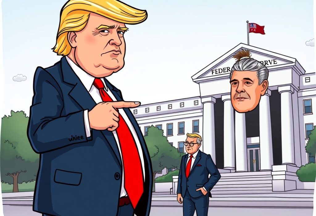 A cartoon depicting Trump endorsing Christopher Waller for the Federal Reserve chair, highlighting potential shifts in US monetary policy.