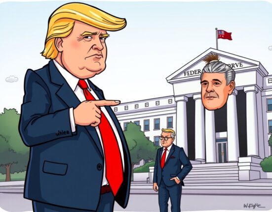 A cartoon depicting Trump endorsing Christopher Waller for the Federal Reserve chair, highlighting potential shifts in US monetary policy.