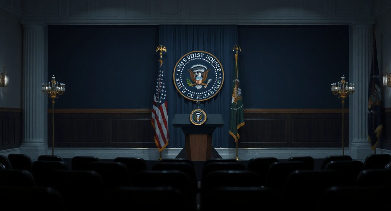 White House briefing room podium with presidential seal, representing a serious foreign policy announcement on Iran.