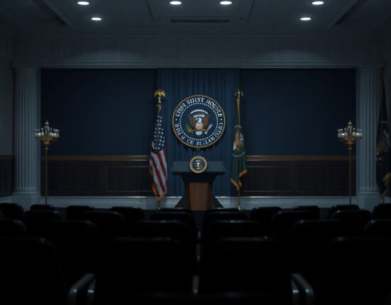 White House briefing room podium with presidential seal, representing a serious foreign policy announcement on Iran.