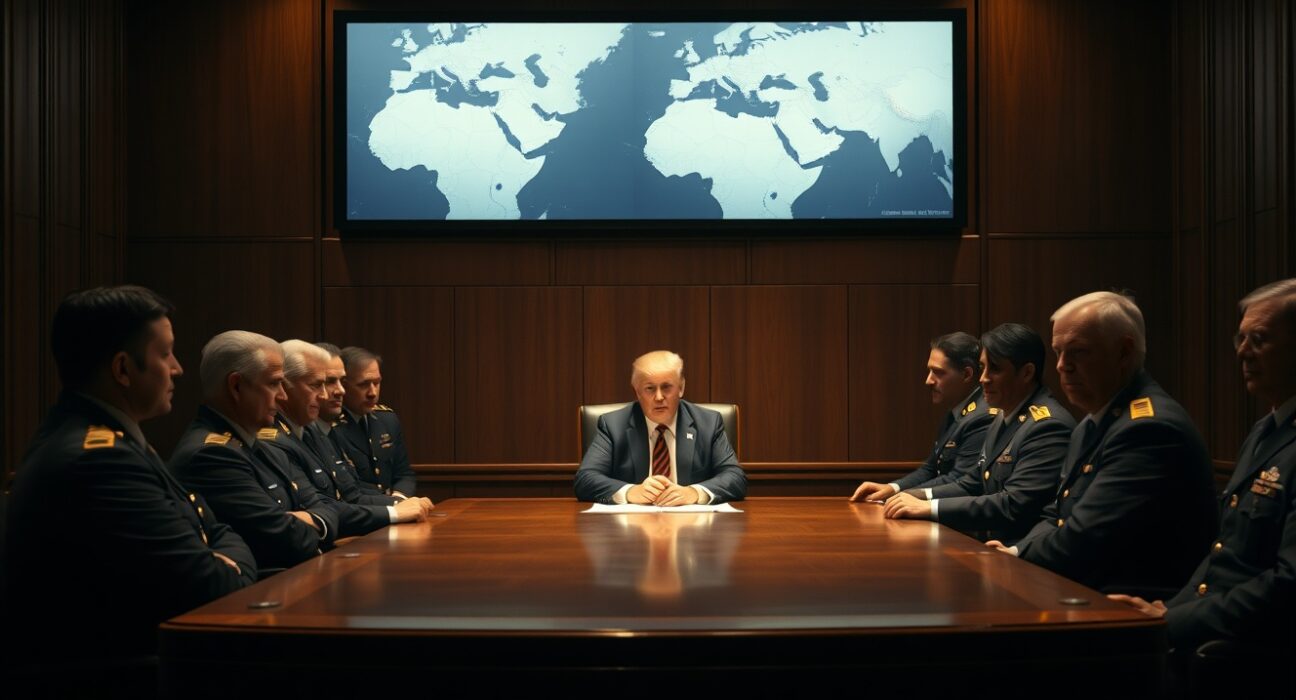 President Donald Trump in a White House Situation Room meeting with military advisors, issuing a warning to Iran.