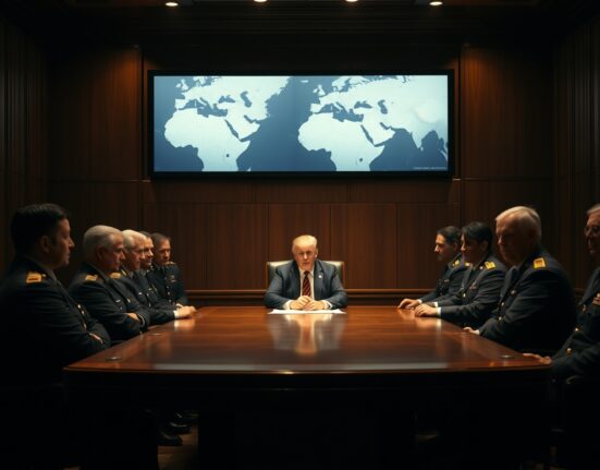 President Donald Trump in a White House Situation Room meeting with military advisors, issuing a warning to Iran.