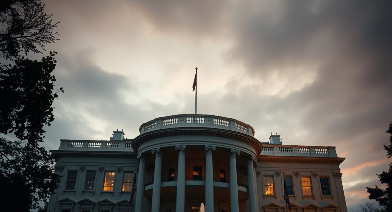 White House at dusk under overcast sky, representing US presidential warning to Iran