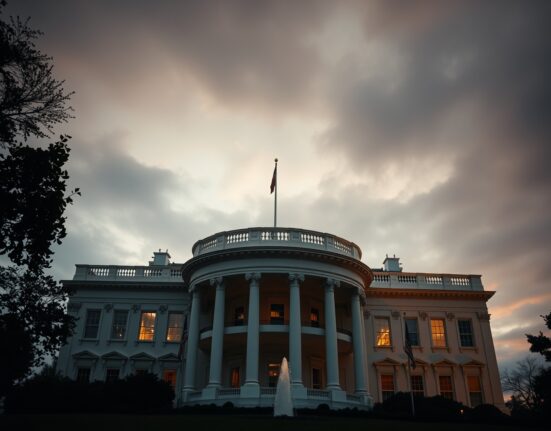 White House at dusk under overcast sky, representing US presidential warning to Iran