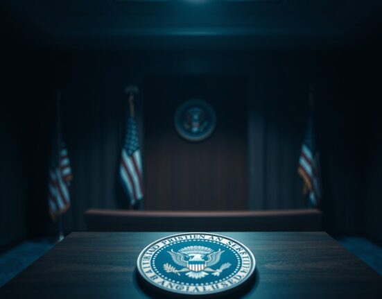 Empty US presidential podium in a dark briefing room, symbolizing a serious diplomatic ultimatum to Iran.