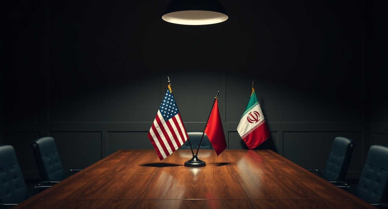 Empty negotiation table with US and Iranian flags in dimly lit room, symbolizing stalled nuclear talks