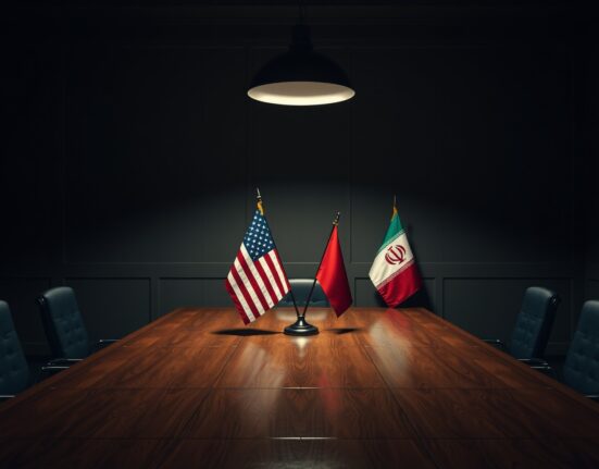 Empty negotiation table with US and Iranian flags in dimly lit room, symbolizing stalled nuclear talks