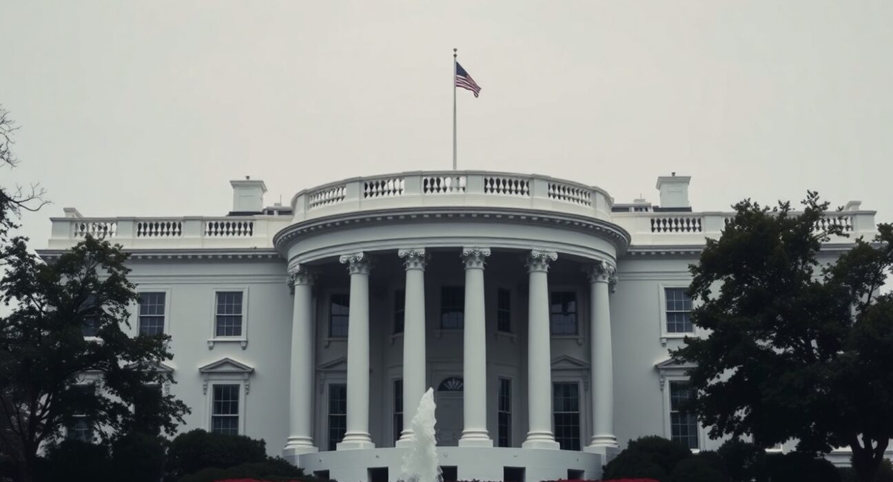 White House exterior on a cloudy day, symbolizing US government and foreign policy decisions.