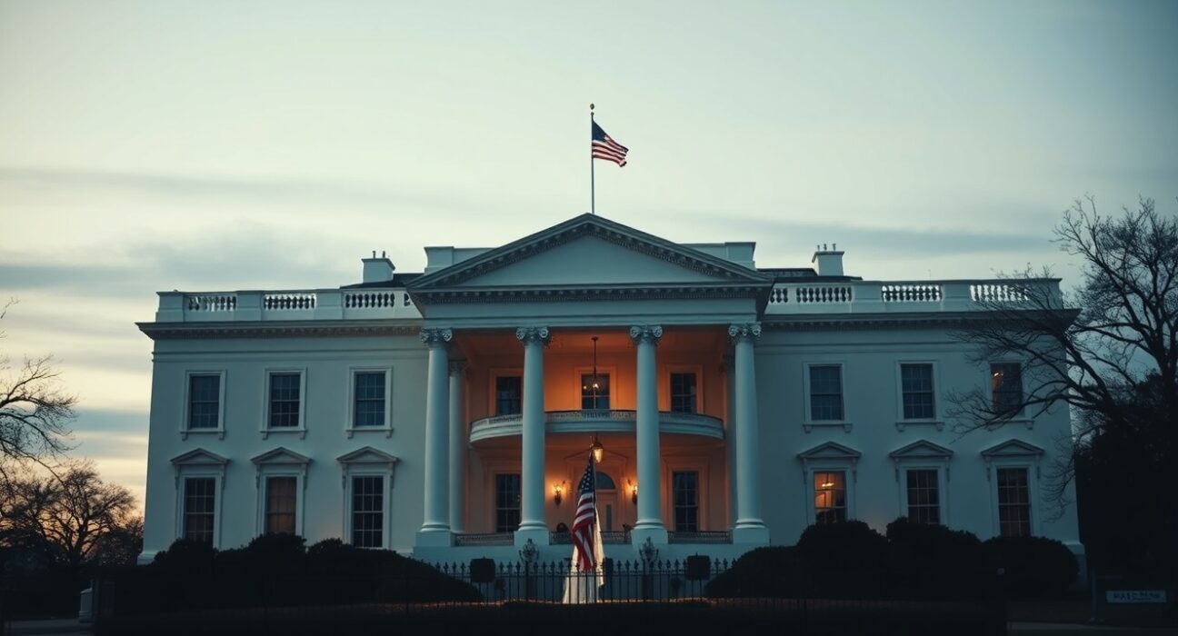The White House in Washington D.C. on a cloudy day, representing US government decision-making on Iran policy.