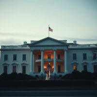 The White House in Washington D.C. on a cloudy day, representing US government decision-making on Iran policy.