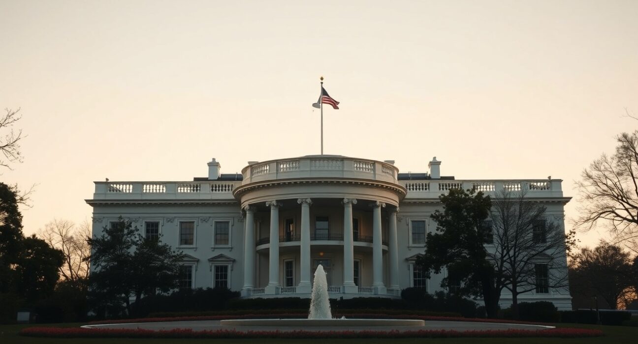 White House building in Washington D.C. with a serious, overcast sky, representing high-stakes diplomatic and military decisions.