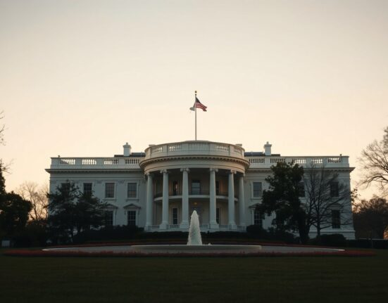 White House building in Washington D.C. with a serious, overcast sky, representing high-stakes diplomatic and military decisions.
