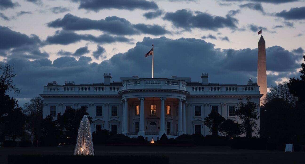 The White House at dusk with a single lit window in the Oval Office, signaling high-level national security discussions.