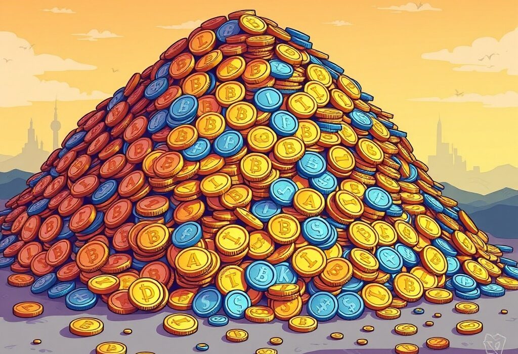 A cartoon illustration of a large pile of digital tokens, symbolizing the significant Trump WLFI holdings and their recent $5 billion valuation.