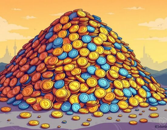 A cartoon illustration of a large pile of digital tokens, symbolizing the significant Trump WLFI holdings and their recent $5 billion valuation.