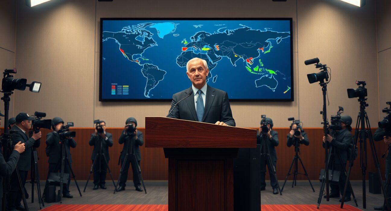 President Trump announces global ceasefire as attacks pause worldwide, symbolizing diplomatic breakthrough.