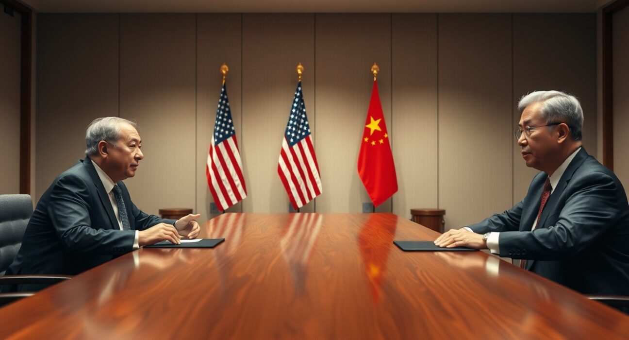 US President Donald Trump and Chinese President Xi Jinping in a diplomatic meeting room.