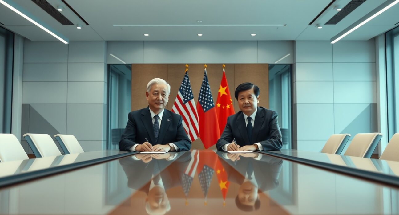 US President Donald Trump and Chinese President Xi Jinping seated at a diplomatic meeting table with flags in background.