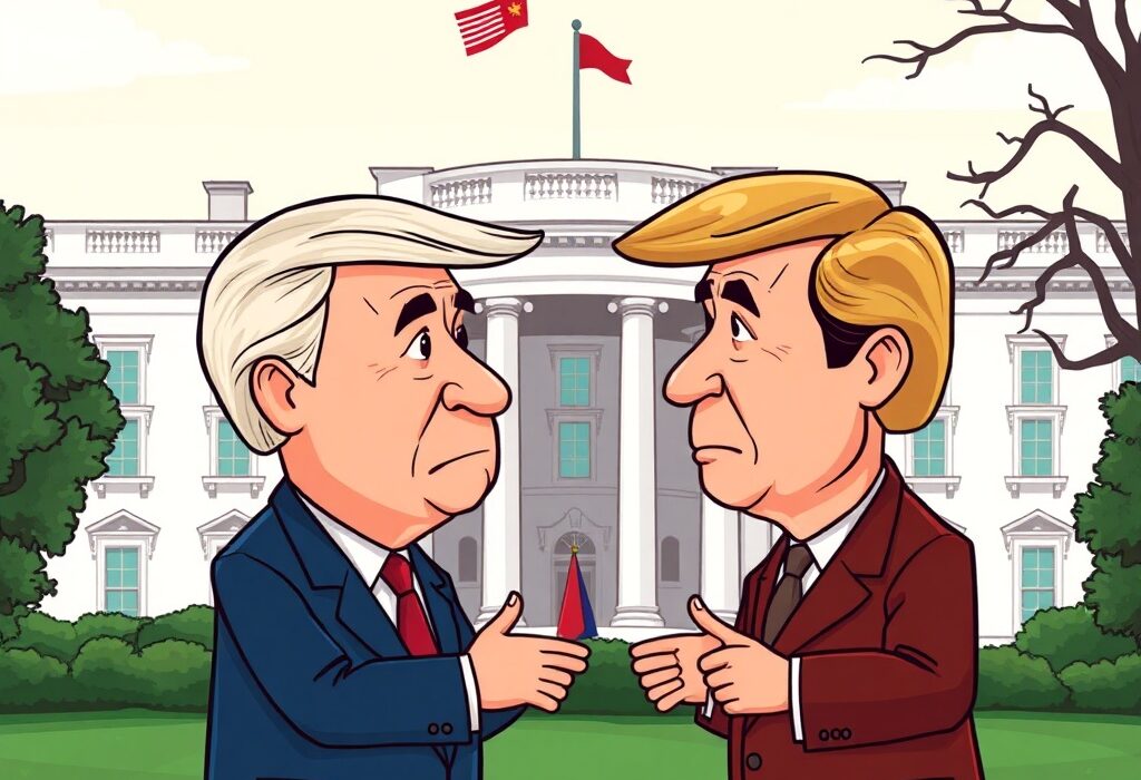 Cartoon illustration symbolizing the commencement of crucial Trump-Zelensky talks, representing diplomatic engagement.