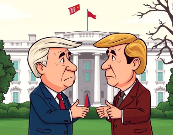 Cartoon illustration symbolizing the commencement of crucial Trump-Zelensky talks, representing diplomatic engagement.