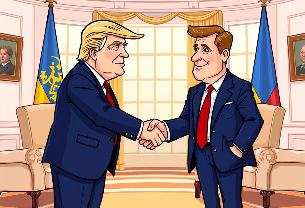 A cartoon illustration showing the conclusion of the Trump-Zelenskyy meeting, symbolizing a significant diplomatic exchange.