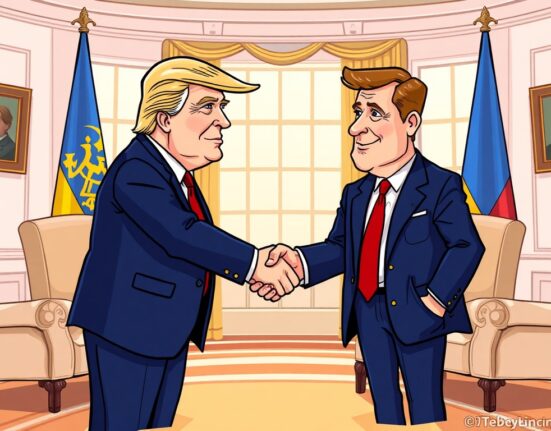 A cartoon illustration showing the conclusion of the Trump-Zelenskyy meeting, symbolizing a significant diplomatic exchange.