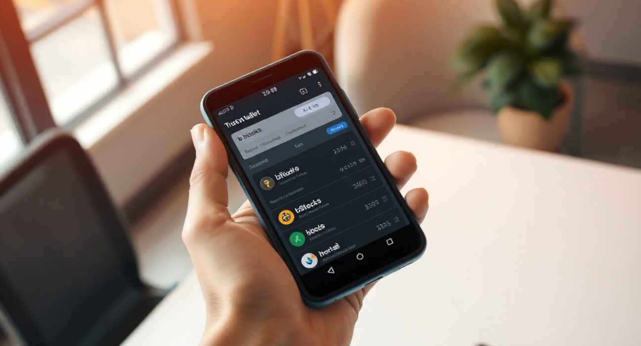 Smartphone displaying Trust Wallet app with bStocks feature highlighted on screen