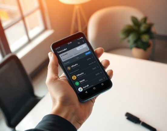 Smartphone displaying Trust Wallet app with bStocks feature highlighted on screen
