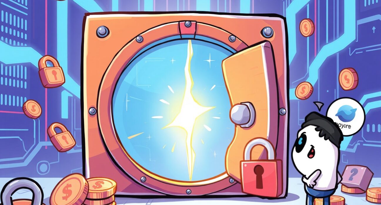 Cartoon illustration of a digital vault breach representing the Trust Wallet extension vulnerability and crypto security risk.
