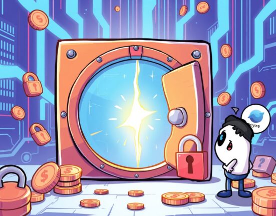 Cartoon illustration of a digital vault breach representing the Trust Wallet extension vulnerability and crypto security risk.