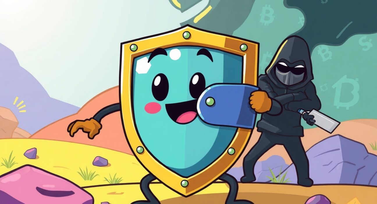 Trust Wallet hack protection illustrated as a shield safeguarding digital assets in a vibrant cartoon style.