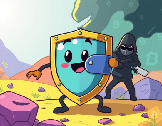 Trust Wallet hack protection illustrated as a shield safeguarding digital assets in a vibrant cartoon style.