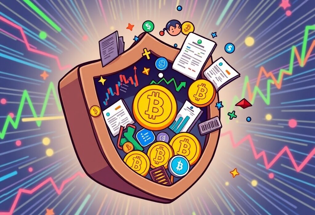 Cartoon illustration showing Trust Wallet embracing tokenized stocks and ETFs, merging traditional finance with crypto.
