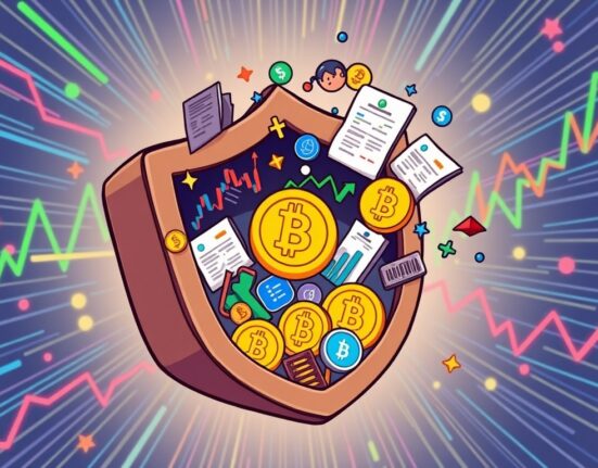 Cartoon illustration showing Trust Wallet embracing tokenized stocks and ETFs, merging traditional finance with crypto.